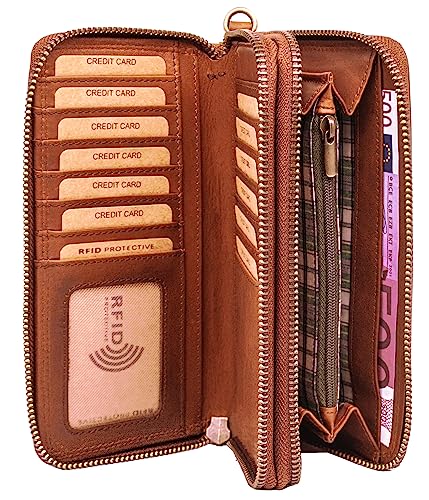 Benthill Große Geldbörse Echt Leder | Portemmonnaie mit RFID Schutz | Reißverschluss Portemonnaie mit vielen Kartenfächern inkl. Geschenkbox, Farbe:Braun von Benthill