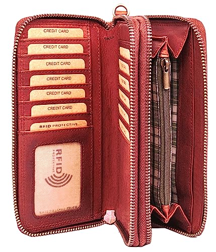 Benthill Große Geldbörse Echt Leder | Portemmonnaie mit RFID Schutz | Reißverschluss Portemonnaie mit vielen Kartenfächern inkl. Geschenkbox, Farbe:Rot von Benthill