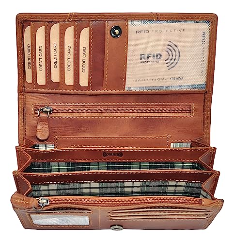 Benthill Portemonnaie Damen Leder - Hochwertige weiche Vintage Echtleder Damen Geldbörse mit RFID Schutz - Grosse Damenbörse lang - Frauen Portmonee inkl. Geschenkbox, Farbe:Braun von Benthill