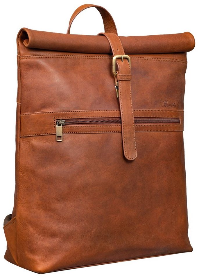 Benthill Rucksack Echt Leder Damen Herren Mittelgross Rolltop Fahrradrucksack Backpack, Reißverschlussfach von Benthill
