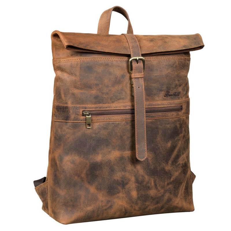 Benthill Rucksack Echt Leder Rucksack Damen Herren Rolltop Fahrradrucksack Backpack, Reißverschlussfach von Benthill