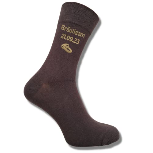 Bentini Hochzeitsocken | Gr. 39-54 | Personalisiert bestickt mit Namen, Datum & Trauringen | Bräutigam | Trauzeuge (39-42, mocca) von Bentini