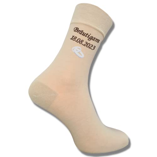 Bentini Hochzeitsocken | Gr. 39-54 | Personalisiert bestickt mit Namen, Datum & Trauringen | Bräutigam | Trauzeuge (39-42, natur) von Bentini