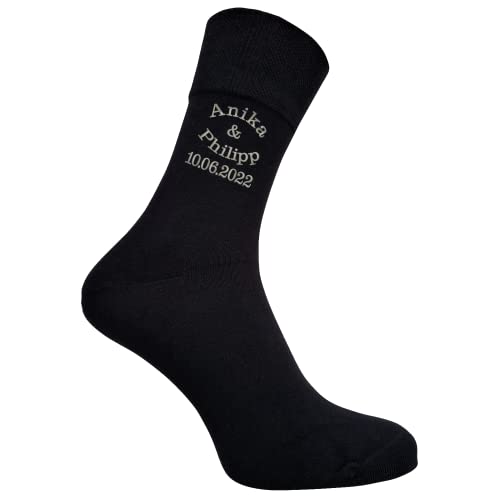 Bentini Partnersocken | Gr. 39-46 | Damen & Herren | Bestickt mit Namen des Paares & Datum | Hochzeitssocken | Freundschaftssocken (39-42, schwarz) von Bentini