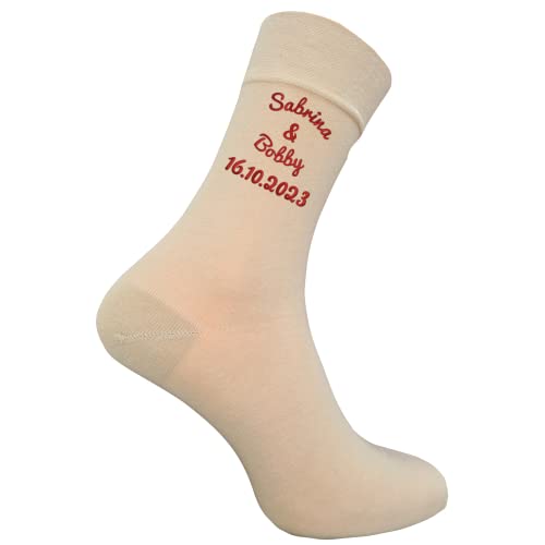 Bentini Partnersocken | Gr. 39-46 | Damen & Herren | Bestickt mit Namen des Paares & Datum | Hochzeitssocken | Freundschaftssocken (43-46, beige) von Bentini