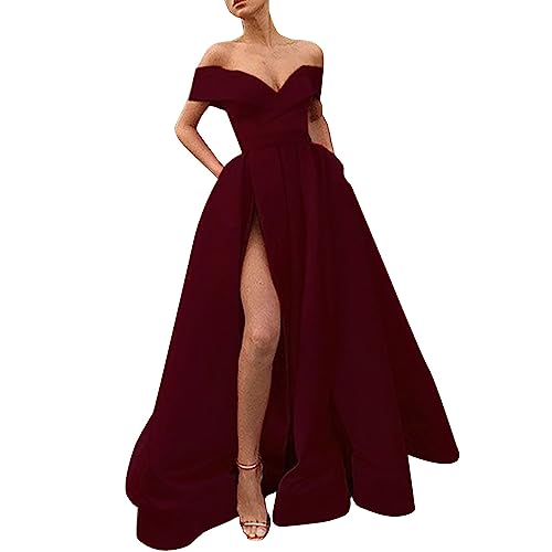 Abschlussball Kleider Damen Off Shoulder Abendkleider V-Ausschnitt Schlitz Partykleid Lange Ballkleider Elegante Cocktailkleid Abendkleider Brautjungfernkleider Maxikleid von Beokeuioe