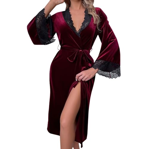 Bademantel Damen Spa Robe Damen Goldener Samt Morgenmantel Langer Winter Saunamantel mit Besatz Spitze Kimono Federbesatz Manschetten Langer mit Krawatte Frauen Roben von Beokeuioe
