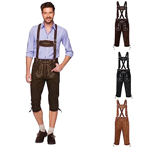 Beokeuioe Bayerische Herren Trachten Lederhose, Trachtenlederhose Trachtenlederhose mit Trägern, original in Dunkelbraun/mittelbraun/schwarz, Oktoberfest Lederhose kurz von Beokeuioe