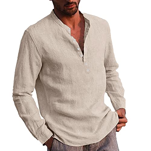 Beokeuioe Baumwolle Shirt Langarmshirts Herren Lässiges Stehkragen Hemd Langen Ärmeln Taschen Tops Herren Baumwolle Leinen Henley Shirt Casual Hippie Beach Langarm T-Shirts Frühling von Beokeuioe