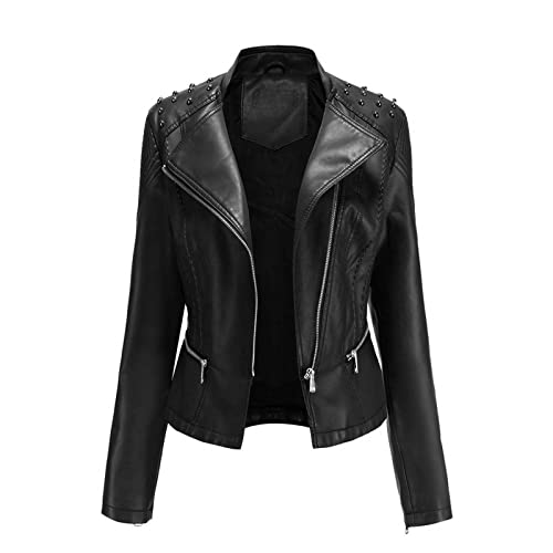 Beokeuioe Bikerjacke mit Reißverschluss, Kunstlederjacke Damen, Lederjacke mit Nieten, Reverskragen dünne Jacke Frühling Winter Motorradjacke Punk Motorradjacke Rock Pilotenjacke von Beokeuioe