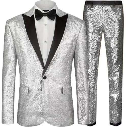 Beokeuioe Business Sakko Glänzender Glitzer Anzug Herren 2 Teilig Slim Fit Blazer Pailletten Anzug Set Party Suits Klassischer Blazer Festliche Anzüge Hochzeit Sakko Smoking von Beokeuioe
