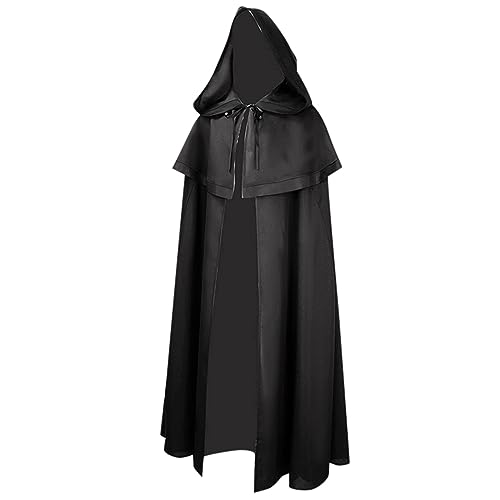 Beokeuioe Cape Halloween Umhang, Erwachsener Schwarzer Umhang mit Kapuze Lange Satin Kapuzenumhang Kostüm für Halloween Karneval Vampir Mittelalter Kleidung von Beokeuioe