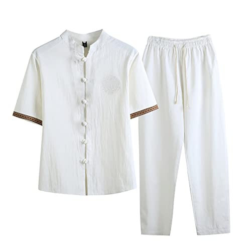 Beokeuioe Chinesisch Freizeitanzug Zweiteiler Herren Leinenanzug Einfarbig 2-teilig Kurzarm Button-Up Sommer Hemd und Leinenhose Beach Strand Shirt Hose Set Anzug Hausanzug von Beokeuioe