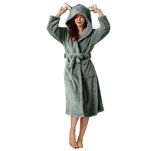 Beokeuioe Damen-Bademantel Mit Kapuze Saunamantel Flauschig Süß Tierohren Kapuze Morgenmantel Kuschelig Homewear Langarm Einfarbig Lang Winter Bademantel Damen Flanell Bademantel von Beokeuioe