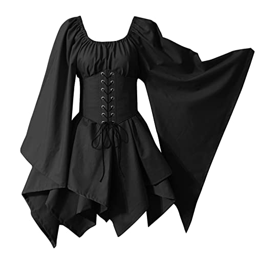 Beokeuioe Damen Mittelalter Kleid mit Trompetenärmel Retro Kostüm Gothic Kleid Mittelalterliches Kostüm Gothic Renaissance Viktorianisches Kleidung Hexenkostüm Schnürkleid von Beokeuioe