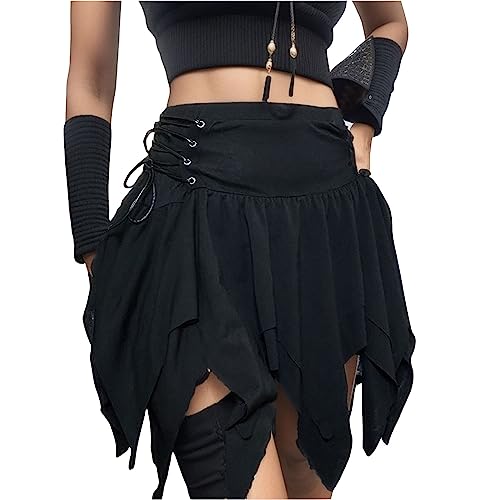 Beokeuioe Damen Punk Rock Plissee Flare Kurzer Gothic Rock A-Linie Kurzeröcke Zum Schnüren Y2K E-Girl Streetwear von Beokeuioe