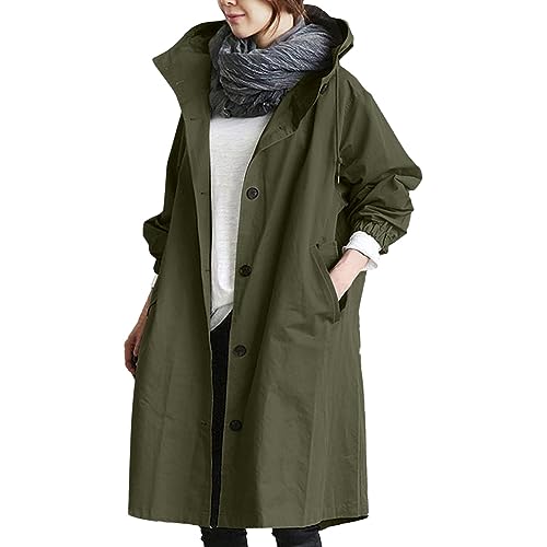 Beokeuioe Damen Trenchcoat Oversized Mantel Lang Umlegekragen Windjacke Einfarbig Damenmantel Übergangsmantel mit Taschen und Knöpfen Jacke Outwear Windbreaker Leicht Kapuzenjacket von Beokeuioe