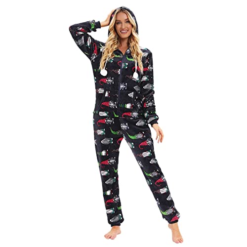 Beokeuioe Damen Weihnachten Schlafanzug Jumpsuit Weihnachts-Overall mit Kapuze Langarm Weihnachten Strampler Einteiler Weihnachtspyjama Hausanzug Freizeitanzug von Beokeuioe