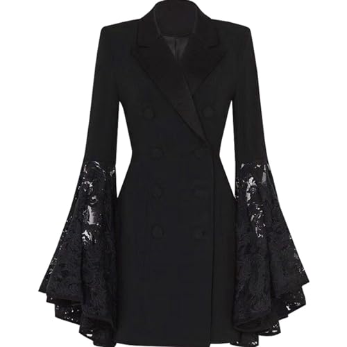 Beokeuioe Design Blazer Langer Damen Sakko Jacke Damen Blazer Kleider Ausgestellte Ärmel Elegant Anzugjacke Gothic Abendkleid Spitze Blazer Party Bühne Glänzend Festliche Longblazer von Beokeuioe