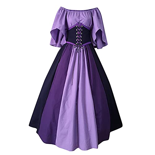 Beokeuioe Frauen Schulterfrei Patchwork Maxikleid Damen Kleider Mittelalter Renaissance Vintage Gothic Kleid Party Lange Kleid Plus Size 18th Jahrhundert Performance Kostüm von Beokeuioe