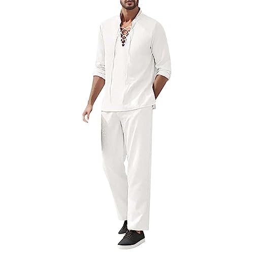 Beokeuioe Freizeitanzug Baumwoll Langarm Hose Henley Hemd Leinenanzug Sommeranzug Zweiteiler Herren Sommer Casual Strandanzug Kurzarm Set Hausanzug Loungewear Nachtwäsche von Beokeuioe