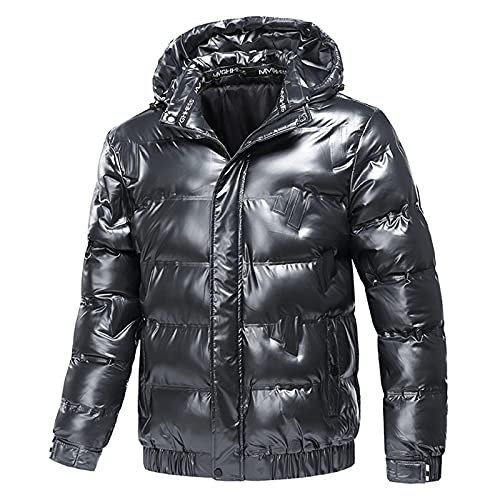 Beokeuioe Glänzende Daunenjacke Herren Damen Warme Parka Mantel Mit Kapuze Winter Schnee Unten Dicke Jacken Metall Glänzende Winterjacke Schwarz Langarm Wintermantel Reißverschluss von Beokeuioe