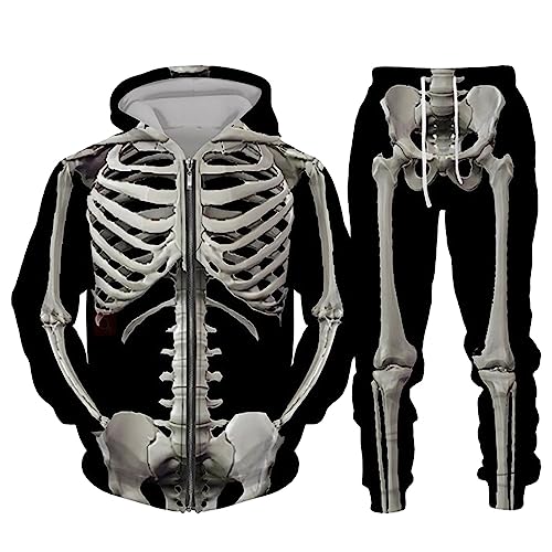 Beokeuioe Halloween Skelett Jogginganzug Herren Sportanzug Trainingsanzug Herren Set, Freizeitanzug Fitnessanzug Männer Sport Sweatjacke Hoodie Sweatshirt + Traininghose von Beokeuioe