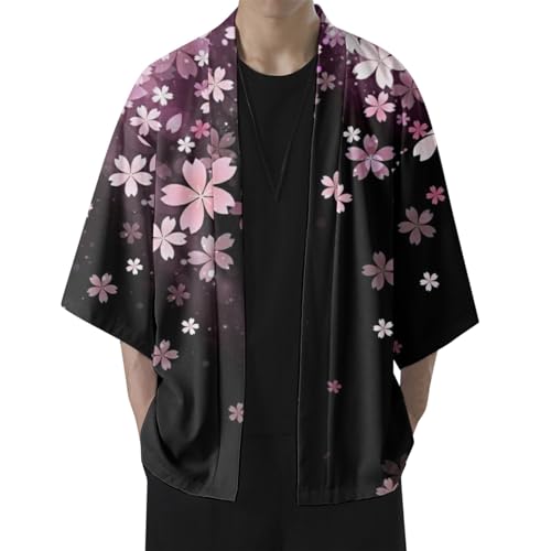 Beokeuioe Haori Cardigan Frühling Sommer Jacke Herren Japanische Happi Kimono Kirschblüte Druck Hemdjacke Japan Robe Strickjacke Übergangsjacke Langarmhemd Haori Jacke von Beokeuioe