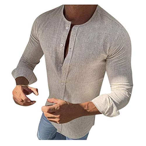 Beokeuioe Hemd Ohne Kragen Herren Leinenhemd Langarm Sommerhemd Slim Fit Freizeithemd Mit Knöpfe Rundhalsausschnitt Hemden Herrenmode Einfarbig Langarmhemd Für Männer von Beokeuioe