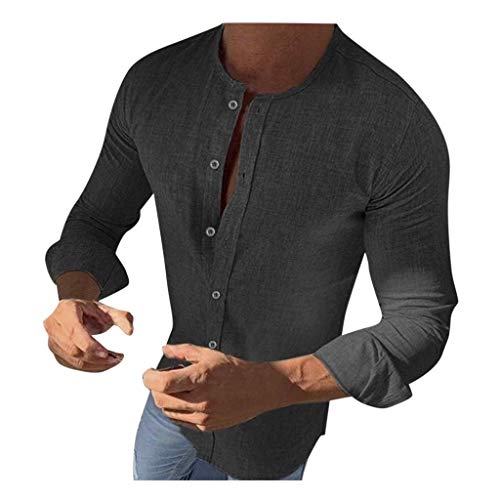 Beokeuioe Hemd Ohne Kragen Herren Leinenhemd Langarm Sommerhemd Slim Fit Freizeithemd Mit Knöpfe Rundhalsausschnitt Hemden Herrenmode Einfarbig Langarmhemd Für Männer von Beokeuioe
