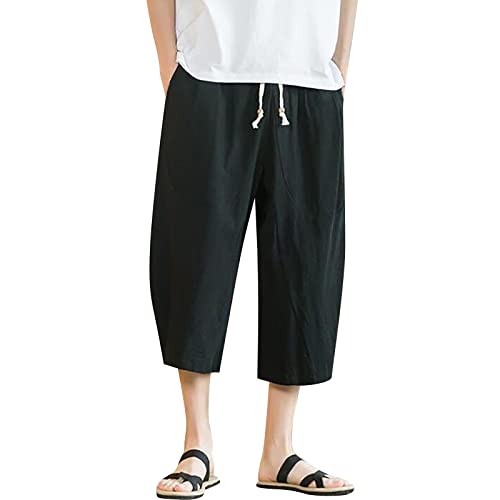 Beokeuioe Herren 3/4 Länge Hosen Sommer Strand Hose Haremshosen Baggy Leinenhose Oversized Bermuda Shorts Baumwolle Leinen Pluderhose Japanisch Freizeithose Kurze Pumphose von Beokeuioe
