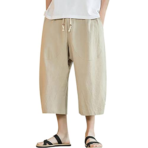 Beokeuioe Herren 3/4 Länge Hosen Sommer Strand Hose Haremshosen Baggy Leinenhose Oversized Bermuda Shorts Baumwolle Leinen Pluderhose Japanisch Freizeithose Kurze Pumphose von Beokeuioe