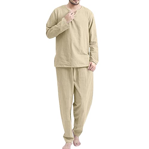 Beokeuioe Herren Baumwolle Leinen Schlafanzug Langarm Shirt und Loungehose mit V Ausschnitt Männer Pyjama-Set Zweiteiliger Nachtwäsche Retro Lange Ärmel T-Shirt von Beokeuioe