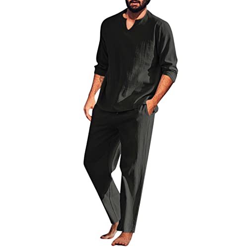 Beokeuioe Herren Baumwolle Leinen Schlafanzug Langarm Shirt und Loungehose mit V Ausschnitt Zweiteiliger Nachtwäsche Männer Pyjama-Set Retro Lange Ärmel T-Shirt von Beokeuioe