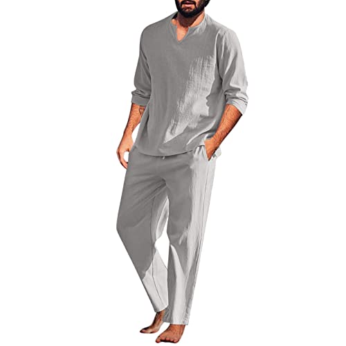 Beokeuioe Herren Baumwolle Leinen Schlafanzug Zweiteiliger Nachtwäsche Langarm Shirt und Loungehose mit V Ausschnitt Männer Pyjama-Set Retro Lange Ärmel T-Shirt von Beokeuioe