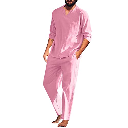 Beokeuioe Herren Baumwolle Leinen Schlafanzug Zweiteiliger Nachtwäsche Langarm Shirt und Loungehose mit V Ausschnitt Männer Pyjama-Set Retro Lange Ärmel T-Shirt von Beokeuioe