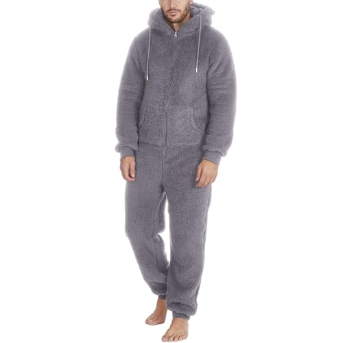 Beokeuioe Herren Damen Teddys Fleece Schlafoveralls Langarm Winter Pyjama Plüsch Loungewear mit Kapuzen Nachtwäsche Onesie mit Taschen Reißverschluss Hausanzug Einteilig Freizeit von Beokeuioe