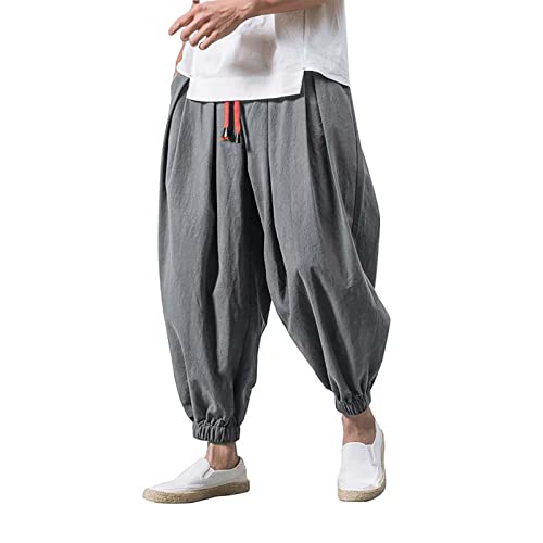 Beokeuioe Herren Hose Lose leichte Baumwolle Ninja Aladdin Haremshose Hippie-Hose/Hose Herren Jogginghose Lange Kordelzug Sporthose mit 2 Taschen Herren Hose Gym Fitness Training von Beokeuioe