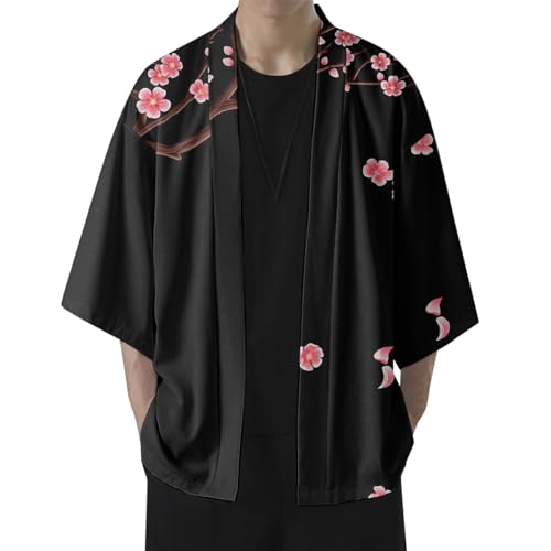 Beokeuioe Herren Japan Happi Kimono Haori Cardigan Frühling Sommer Jacke Kirschblüte Druck Hemdjacke Japanisch Robe Strickjacke Übergangsjacke Langarmhemd Haori Jacke von Beokeuioe
