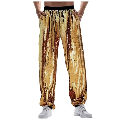 Beokeuioe Herren Jogginghose, Metallisch Hose, Hose Glänzend, Disco-Party Pailletten Hose Hippie Hose Glitzer Hose Metallic Trainingshose Gold Silber 70er/80er Jahre Party Rave Hose von Beokeuioe