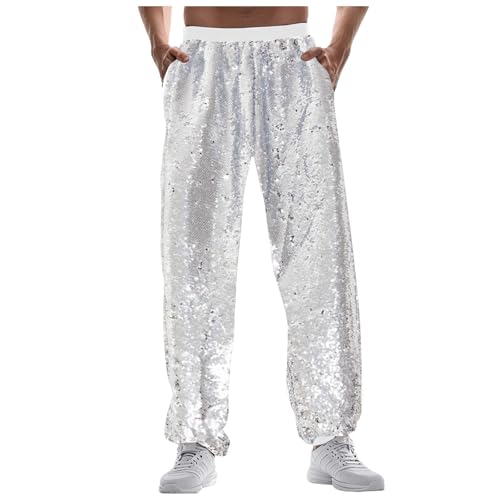 Beokeuioe Herren Jogginghose, Metallisch Hose, Hose Glänzend, Disco-Party Pailletten Hose Hippie Hose Glitzer Hose Metallic Trainingshose Gold Silber 70er/80er Jahre Party Rave Hose von Beokeuioe