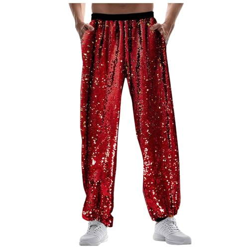 Beokeuioe Herren Jogginghose, Metallisch Hose, Hose Glänzend, Disco-Party Pailletten Hose Hippie Hose Glitzer Hose Metallic Trainingshose Gold Silber 70er/80er Jahre Party Rave Hose von Beokeuioe