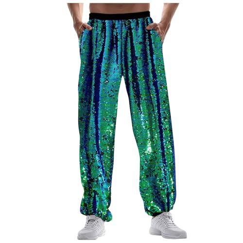 Beokeuioe Herren Jogginghose, Metallisch Hose, Hose Glänzend, Disco-Party Pailletten Hose Hippie Hose Glitzer Hose Metallic Trainingshose Gold Silber 70er/80er Jahre Party Rave Hose von Beokeuioe