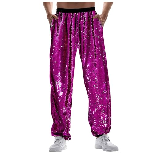 Beokeuioe Herren Jogginghose, Metallisch Hose, Hose Glänzend, Disco-Party Pailletten Hose Hippie Hose Glitzer Hose Metallic Trainingshose Gold Silber 70er/80er Jahre Party Rave Hose von Beokeuioe