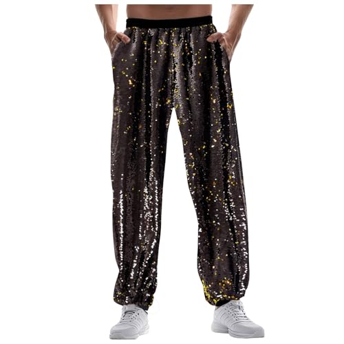Beokeuioe Herren Jogginghose, Metallisch Hose, Hose Glänzend, Disco-Party Pailletten Hose Hippie Hose Glitzer Hose Metallic Trainingshose Gold Silber 70er/80er Jahre Party Rave Hose von Beokeuioe