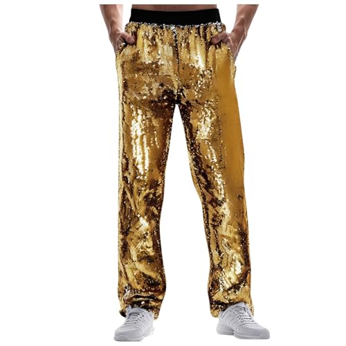 Beokeuioe Herren Jogginghose, Metallisch Hose, Hose Glänzend, Disco-Party Pailletten Hose Hippie Hose Glitzer Hose Metallic Trainingshose Gold Silber 70er/80er Jahre Party Rave Hose von Beokeuioe