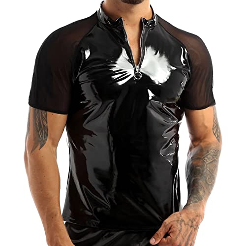 Beokeuioe Herren Lack-Optik Jacke Männer T-Shirt Unterhemd Wetlook Oberteile Muskelshirt Lack Leder Mesh mit Stehkragen Sexy Party Clubwear Lack Optik Wetlook bluse von Beokeuioe