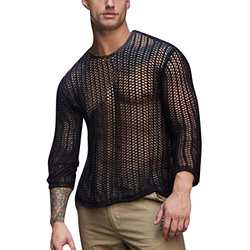 Beokeuioe Herren Langarm Netz Unterhemd Fishnet Durchsichtig T-Shirt Sexy Mesh Top Muskel Transparent Shirts Clubwear Herren Sexy Transparent T Shirt von Beokeuioe