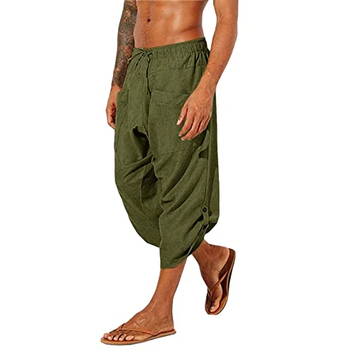 Beokeuioe Herren Loose Fit Pluderhose Leicht Boho Sommerhose mit Taschen Herren Kurz Hose 3/4 Leinenhose Baggy Pluderhose Mit Schnürung hose Wikinger Pirat Mittelalter Kostüm von Beokeuioe