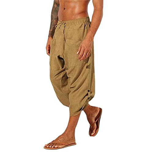 Beokeuioe Herren Loose Fit Pluderhose Leicht Boho Sommerhose mit Taschen Herren Kurz Hose 3/4 Leinenhose Baggy Pluderhose Mit Schnürung hose Wikinger Pirat Mittelalter Kostüm von Beokeuioe